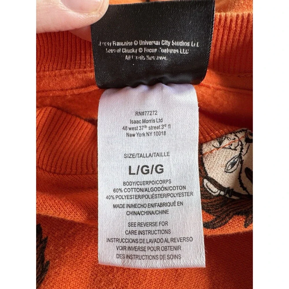 CHUCKY Horror Movie Orange Sweatshirt Size LRG All Over Print Doll Scary